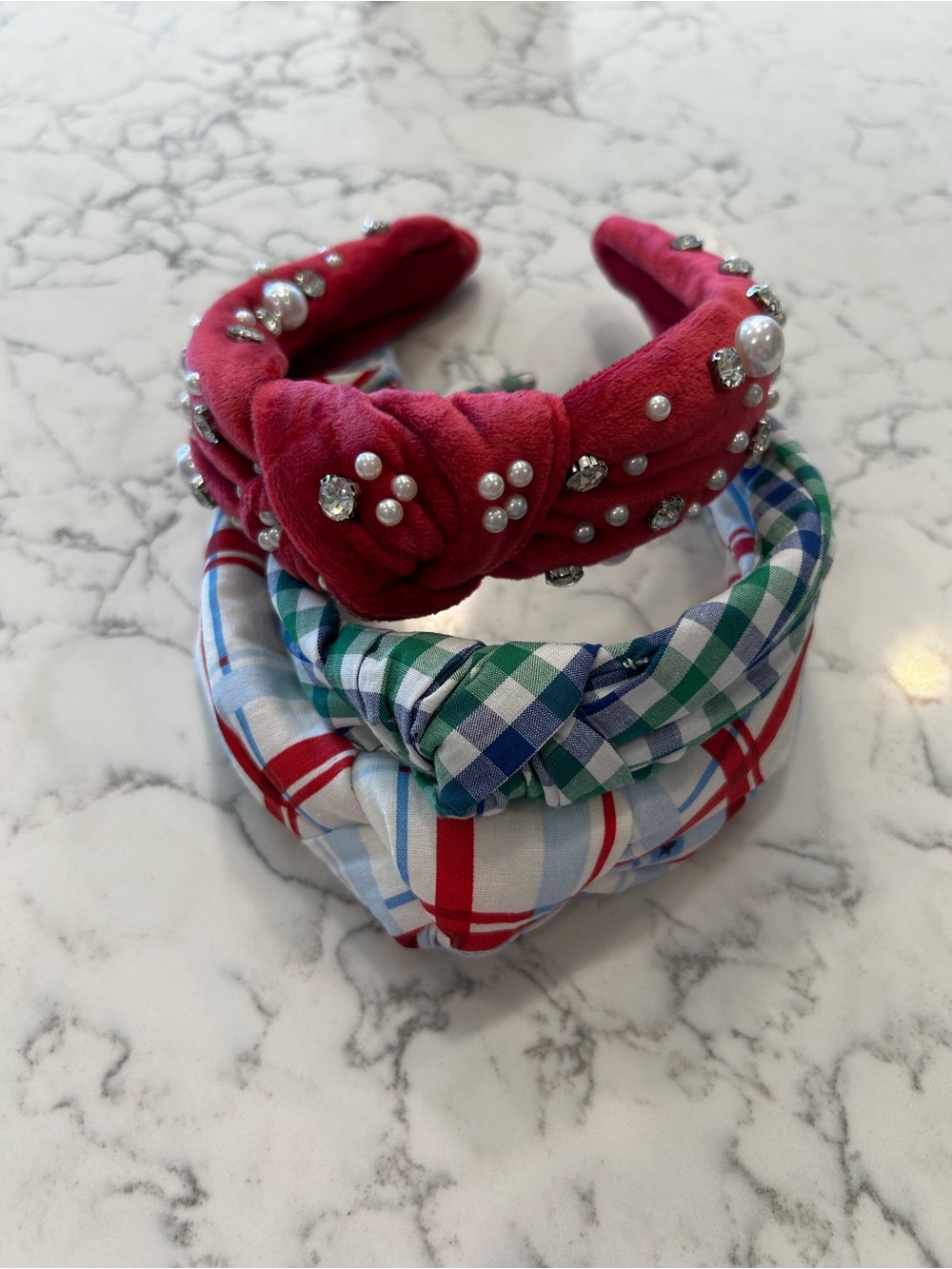 Lot of 3 Fabric Covered Knot Headbands Checkered Americana‎ Faux Pearl
